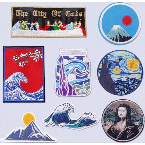 Famous Painting Embroidered Patches for Clothing Stickers Van Gogh Iron On Patches For Clothes Sea Wave Sew On Fabric Stripe DIY