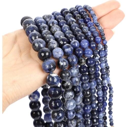 15" Strand Faceted Natural Stone Beads Old Blue Sodalite Stone Beads Round Loose Beads For Jewelry Making Bracelet 4-12mm