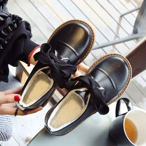 2019 autumn and winter Japanese small shoes British retro womens shoes wild flat round head laced plus velvet cotton shoes