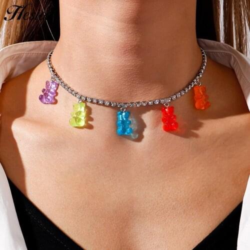 2021 Fashion Shiny Rhinestone Chain Choker Necklace Lovely Bear Pendant Statement Necklace for Women Party Jewelry Gifts