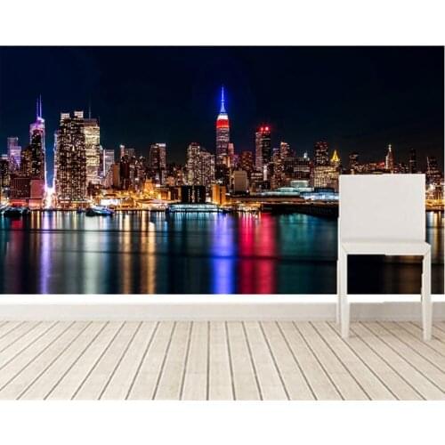 Custom 3d murals, Manhattan skyscrapers seaview lights at night papel de parede, living room TV wall bedroom modern wallpaper
