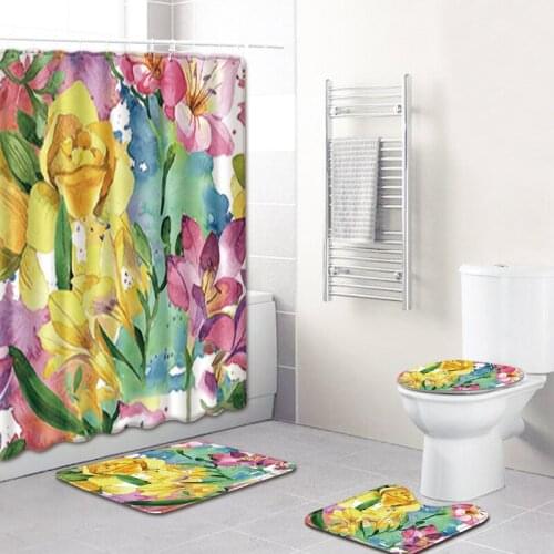 4pcs Bathroom Floor Mat Sets Anti Slip flower Design Shower Curtains + Bath Mat + Contour Rug + Toilet Lid Cover Carpet