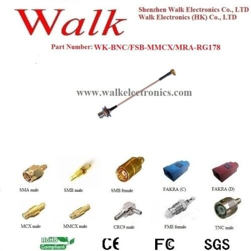 BNC antenna cable adapter: BNC female straight to MMCX male right angle with RG178 cable