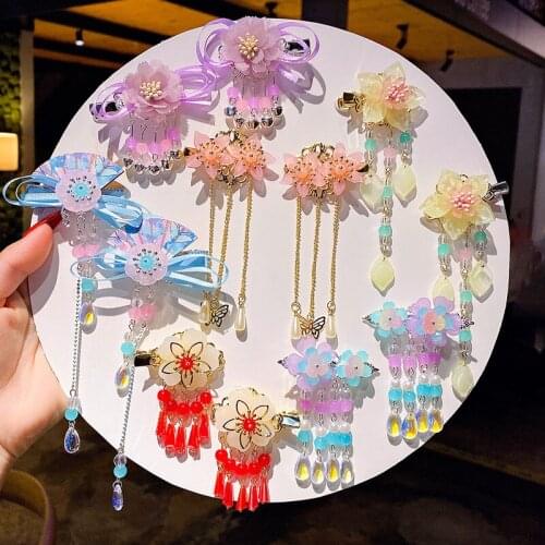 Chinese Style Childrens Hanfu Headdress New Years Dress Up Long Pendant Hair Ornament Girl Performance Adorn Hairpin Barrettes