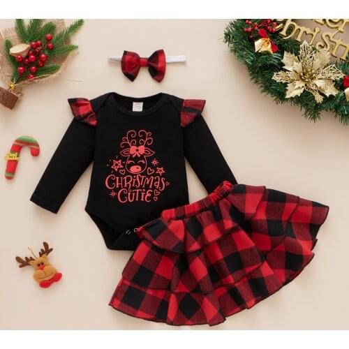FOCUSNORM 3pcs Infant Baby Girls Boys Christmas Clothes Sets 0-12M Letter Long Sleeve Romper Plaid Skirts Headband