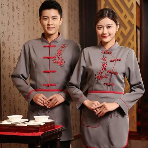 Hotel Working Clothing Autumn/Winter Women Chinese Restaurant Waitress Uniform+Apron Set Men High Quality Chinese Style Workwear