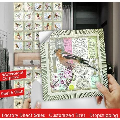 Simulation Stamp Flowers Birds Crystal Hard Tiles Wall Sticker Kitchen Wardrobe Home Decor Art Mural Peel & Stick Wall Decals