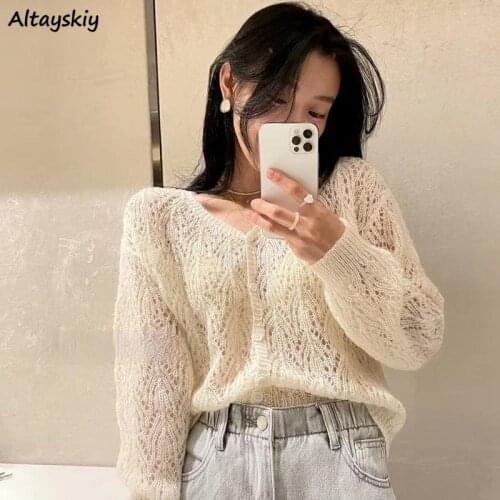 Cardigan Women 5 Colors Loose Spring Solid Hollow-out Sweaters Y2K Clothing All-match Soft De Moda Leisure Casual Elegant Daily