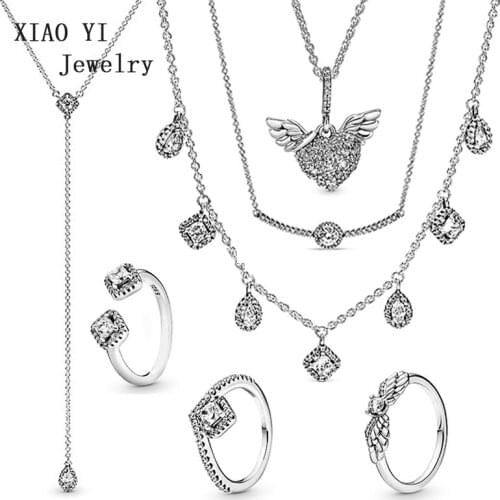 XIAOYI 100% 925wing pendant water drop necklace clavicle chain wing opening ring female simple fashion wholesale