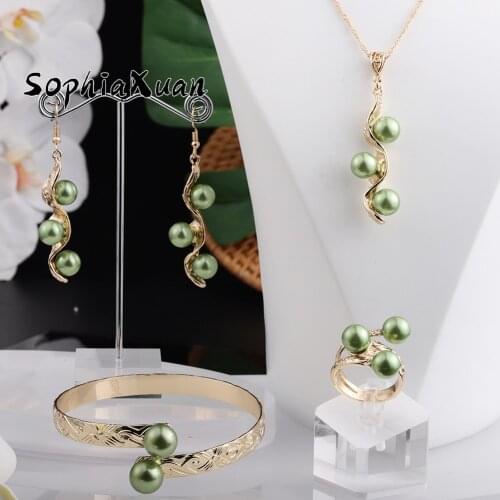 SophiaXuan Hawaiian Fashion Jewelry Sets 7 Color Pearl Gold Plated Ring Bracelets Earrings Necklace Sets for Women Gift New 2021