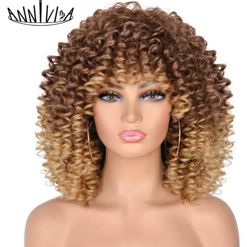Short Afro Kinky Curly Wig With Bangs For Black Women African Synthetic Ombre Glueless Wigs Heat Resistan Natural Hair Annivia