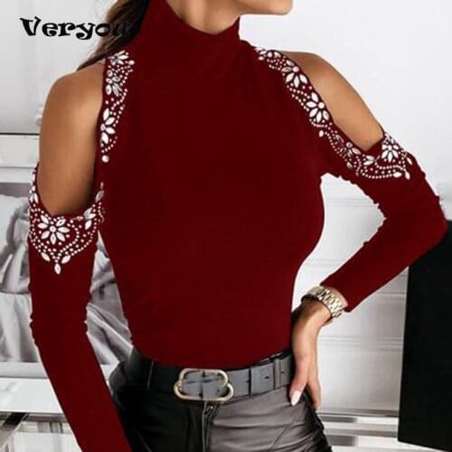 Fashion Women T Shirt Turtleneck Tops Women Sexy Off Shoulder Drilling Patchwork Shirt Women Solid Black Long Sleeve Slim Tee