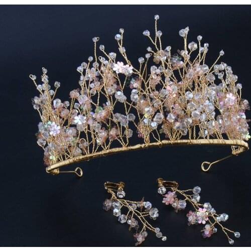 Crystal Jewelry Set New Crown + Earrings Wedding Headdress Golden Plating Handmade Super Immortal Princess Dress Accessories