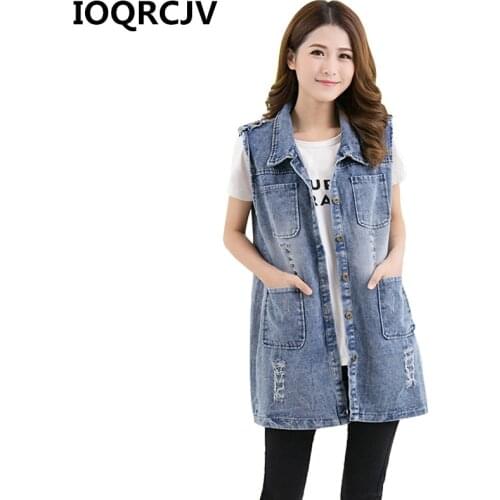 Spring Fall Fashion Long Denim Jacket Vests Women Sleeveless Female Hole Jeans Waistcoat Casual Outerwear Plus Size 3XL 4XL 5XL