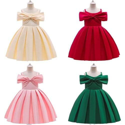 Baby Girls Bow-knot Solid Color Dresses Word Shoulder Princess Dress Birthday Party New Year Costume Catwalk Clothes 4-8 Years