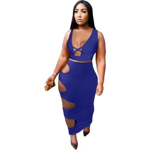 Solid Color Sexy 2 Piece Set Womens Outfits Deep V Neck Crop Top Tee And Side Hollow Out Bodycon Midi Skirts Holiday Party Wear