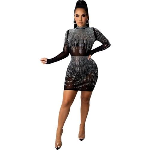 Autumn Winter Elegant Womens Dress Diamonds Long Sleeve Bodycon Ladies Vestidos See Through Sexy Party Mini Dresses