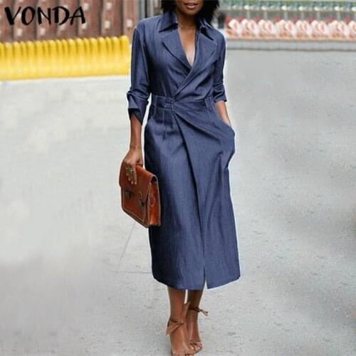 S-5XL VONDA Autumn Dress 2021 Women V Neck Denim Blue Sundress Casual Short Sleeve Party Short Vestidos Female Robe Plus Size