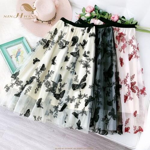 Autumn Pretty Butterfly Skirt Women Ladies Embroidery Black Long Mesh Tulle Skirt WF0139