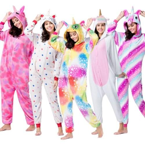Winter Adults Unicorn Onesie Kigurumi Animal Panda Pajamas Flannel Hooded Anime Stich Licorne Pyjamas Women Men Sleepers Blanket