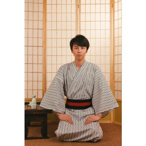 Japanese Traditional Style Cotton Striped Pajamas Mens Sleep & Lounge Kimono Yukata V-Neck Bathrobe With Cloth Belt Home Robe