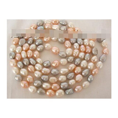 Stunning long 50" 9-10mm white gray pink baroque freshwater pearl necklace