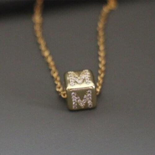 Simple Cubic Zircon Initial Letter Square Dice Charm Choker Necklace Copper Gold Color Alphabet Geometric Collar Steel Chain