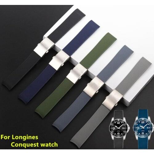 Brand quality 21mm Rubber Silicone Watchband Black Blue Gray Folding Buckle Watch Band for Longines Conquest strap L3.742/644
