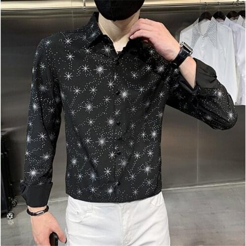 Mens New Black Social Shirts Fashion Print Slim Fit Luxury White Shirt For Men Long Sleeve Dress Tops Vetement Homme De Marque
