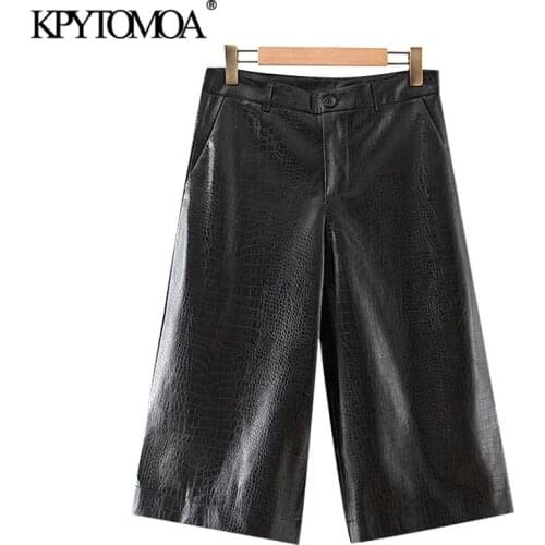KPYTOMOA Women 2020 Fashion Side Pockets Faux Leather Bermuda Shorts Vintage High Waist Zipper Female Short Pants Mujer