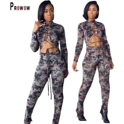 Spring Fall Womens Two Piece Matching Set Bandage Crop Tops High Waist Long Pant Sexy Women Camouflage Outfits 2021 New