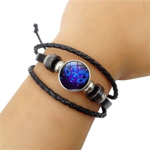 WG 1pc Multilayer Twelve Constellation Leather Woven Bracelet Punk Style DIY Cabochon Bracelet For Friendship Jewelry Gift