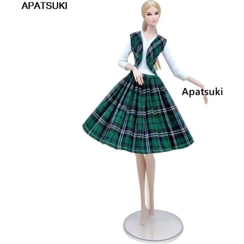 Green Plaided Fashion Doll Clothes Set For Barbie Doll Outfits Vest Coat & Dress 1/6 Dolls Accessories Toys For Children