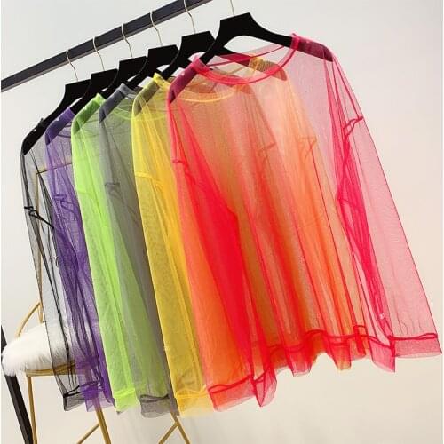 Women T-Shirt Sexy Perspective Mesh long Out Lace long Sleeve O-Neck Casual See-through Transparent Crop Sunscreen Tops