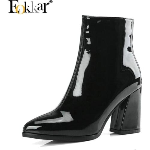 Eokkar 2020 Women Ankle Boots Patent Leather Fashion Women Shoes Zipper Square High Heel Winter Boots Women Boots Size 34-43