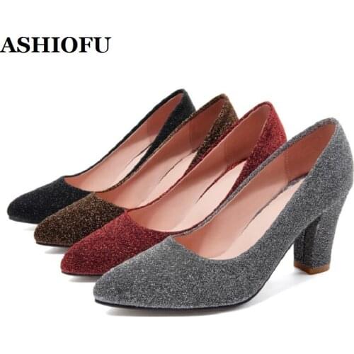 ASHIOFU Womens New Thick High-heeled Shoes Pointed-toe Slip-on Pumps Trending Line Gelitter Shiny Fashion Evening Court Shoes