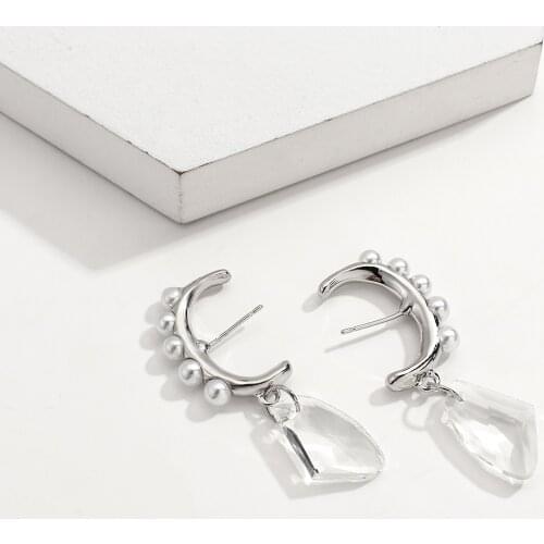 AENSOA Personality Silver Color Clear Pendant Wedding Drop Earrings for Women Korean Fashion Pearl Long Earrings Jewelry 2021