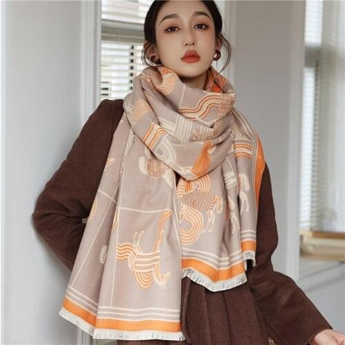 Horse Print Warm Cashmere Scarf Women Pashmina Shawl Wrap Foulard Neckerchief Luxury Thick Blanket 2021 Designe Echarpe Headband
