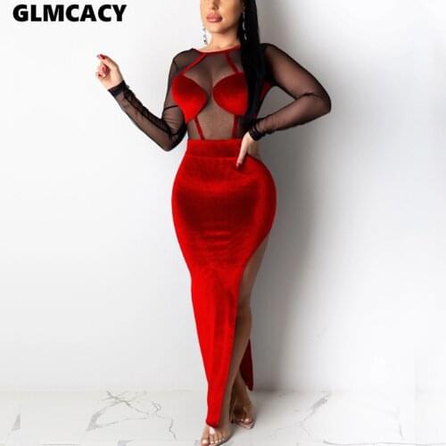 Women Long Maxi Dress Mesh Velvet Patchwork Long Sleeve Dress Sexy High Slit Club Dress Backless Evening Party Bodycon Dress
