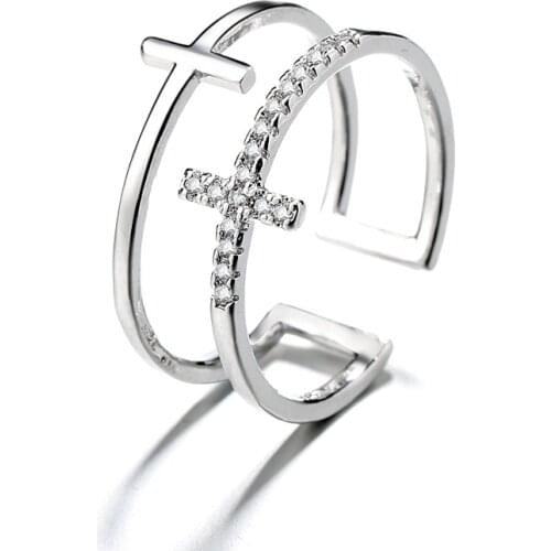 New Trendy Cubic Zirconia Crystal Cross Rings Gold Double Geometric Adjustable Ring For Women Fashion Lovely Jewelry 2020