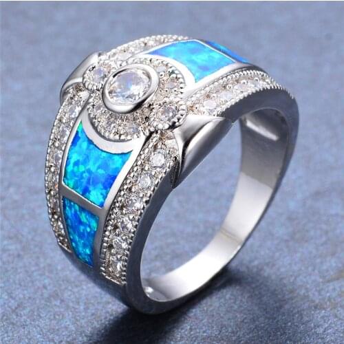 Boho Female Blue Opal Stone Ring Charm Zircon Silver Color Big Wedding Ring Vintage Bridal Round Engagement Rings For Women
