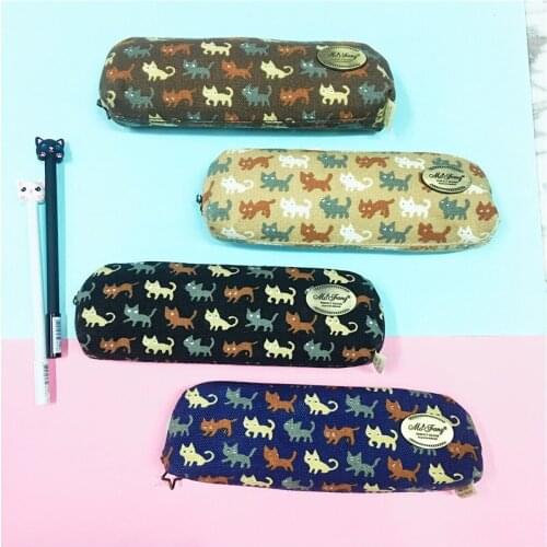 1pcs Supply wholesale canvas pencil cute cartoon kitten pattern pencil storage box Student large-capacity pencil case