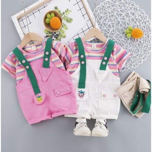2021 Summer Toddler Girls Boys Color Stripe T-Shirt+strawberry Rompers Overalls Suits Clothes Baby Kids Overalls Sets Clothing