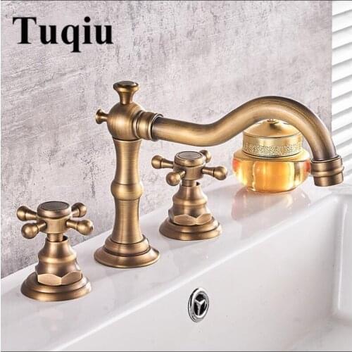 3 pcs Antique Brass Crane Deck Mounted Bathroom Basin Mixer Tap Bath Basin Sink Vanity Faucet Water Tap Bath Faucets