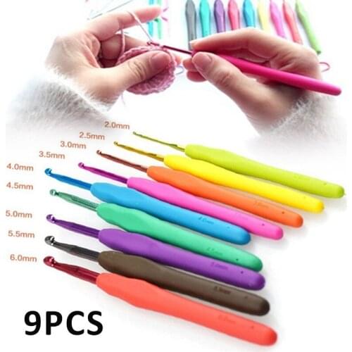 9pcs Crochet Hook Set Aluminum Soft Grip Colorful Handles Yarn Sewing Knitting Needle DIY Craft Sweater Scraf Weaving Tool