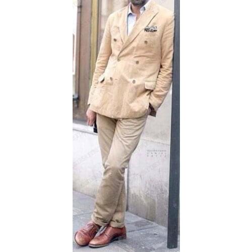 ANNIEBRITNEY Latest Coat Pant Designs Khaki Double Breasted Peaked Lapel Tuxedos Slim Fit Casual Linen Beach Wedding Groom Suits