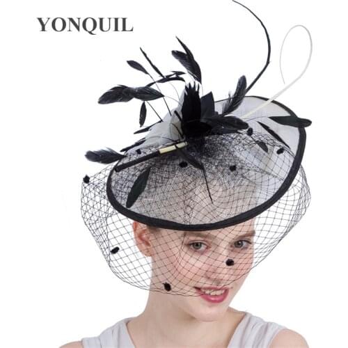 Big Wedding Fascinator Hats Elegant Women Ladies Feather Hair Fascinator Veils Dot Headpiece For Race New Year Chapeau Caps