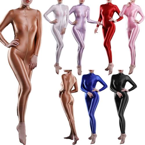 Women Smooth Pole Dance Club Hot Sexy Lingerie Nightclub Full Body Bodystockings High Neck Long Sleeve Double-ended Zip Bodysuit
