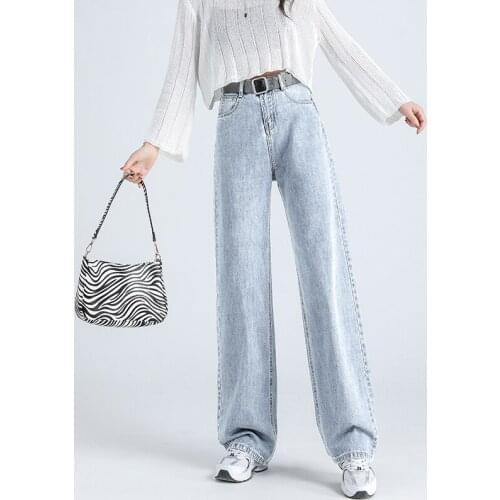 Womens Loose Straight Jeans High Waist Slim Light Blue Denim Trousers Slim Wide Leg Pants Streetwear Female Long Jean P902