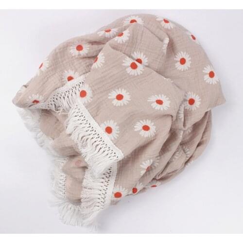 2 Layers Muslin Cotton Sunflower Printed Blanket With Tassel Baby Swaddle, Stroller Cover Newborn Bath Towel Receiving Blanket